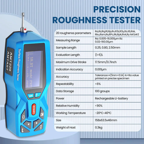 Handheld Digital Surface Roughness Meter With 22 Parameters, Portable Profilometer for precise surface measurements, transformer-inspired design. Front view with specifications.