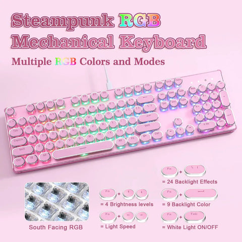 Pink Retro Mechanical Gaming Keyboard Boss Level Design Featuring Classic Typewriter Layout And Solid Steel Chassis Delivers snappy click feel, ideal for gaming.