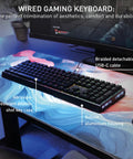Wired gaming keyboard featuring rock solid aluminum chassis and ultra smooth MX2A brown switches on a colorful desk mat.