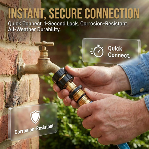 Hands using Easy Snap Garden Hose Quick Connectors Three Quarter Inch Fittings Set Of 2 Water Hose Adapters for fastening