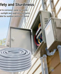 Heavy Duty 1/2 Inch 100 Ft Liquid Tight PVC Electrical Conduit Kit against an exterior wall, showing wiring connections.