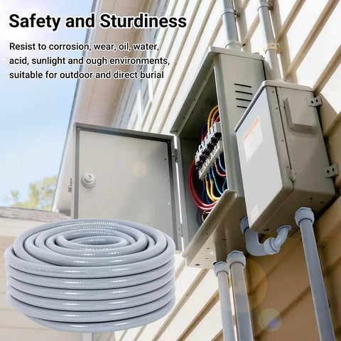 Heavy Duty 1/2 Inch 100 Ft Liquid Tight PVC Electrical Conduit Kit against an exterior wall, showing wiring connections.