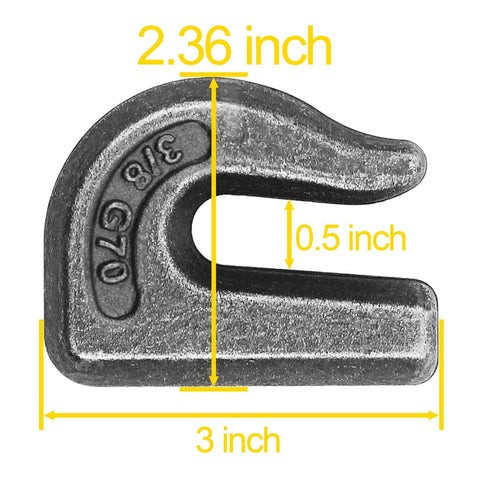 Three Eighth Inch Weld On Grab Hook Set G70 Forged Steel WLL 6600 Lb Beefy Heavy Duty Tow Hook with dimensions shown