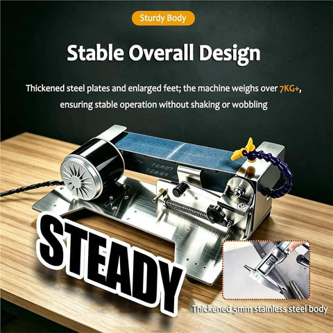 Straight Up Heavy Duty Wet Bench Grinder Featuring Electric Circulating Water Coolant System And Dead On Belt Alignment Rock Solid Steel Frame Anti Skid Base For All Woodworking Tools on wooden surface showcasing thick stainless steel body.