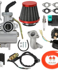 PZ20 Carburetor Upgrade Kit With Ignition Coil AC CDI Box Starter Solenoid Relay And Voltage Regulator For Tao Tao Coolster 125cc 110cc ATV Pit Dirt Bike Lifan Kazuma Baja Go Kart Parts including carburetor, air filter, spark plug, and wiring components.