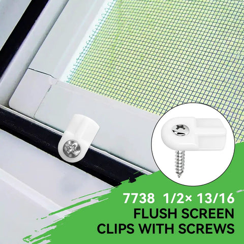 Slick Flush Mount Window Screen Clips With Flat Head Screws No Sweat Replacement Hardware For Storm Doors Super Tough White L5766 Design showing installed clip with screw.