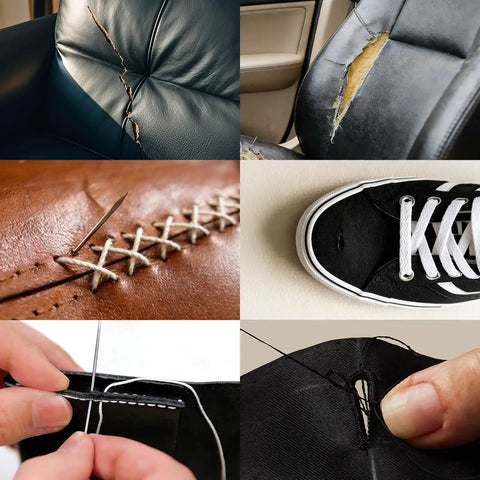 Pro Grade Leather Sewing Kit With Waxed Thread, 22 Pcs used on leather, canvas, and upholstery in various repair projects.
