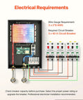 Electrical requirements for 27kW Tankless Electric Water Heater 240V with wiring and circuit breaker details.