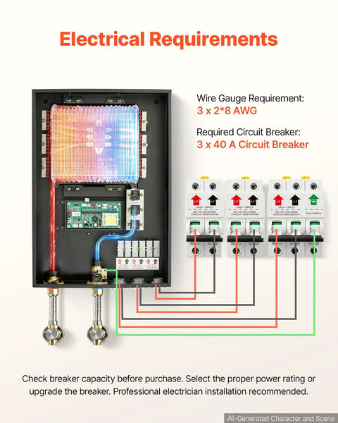 Electrical requirements for 27kW Tankless Electric Water Heater 240V with wiring and circuit breaker details.