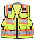 Straight Up Durable High Visibility Class Two Safety Vest With Blazing Reflective Tape And Secure Zippered Pockets For Construction Crews And Surveyors In Fluorescent Yellow For Heavy Duty Job Site Work, front view with reflective strips.