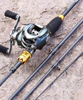Fishing Rod And Baitcasting Reel Combo 4 Section Carbon Casting Rod with ergonomic non-slip handle on rocky surface.