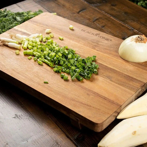 Chopped vegetables on Acacia Wood Cutting Board With Feet 17 By 12 Inches Large Rectangle Heavy Duty Prep Board
