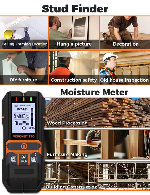 2 In 1 Stud Finder And Moisture Meter With Humidity Detection For Walls Deep Scan Wall Scanner To Locate Studs Pipes And Lumber Moisture Levels Perfect For Home Renos DIY Enthusiasts And Pro Grade Projects, handheld black orange device