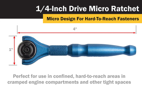 Quarter Inch Drive Swivel Head Micro Ratchet With Ninety Tooth Reversible Mechanism Four Inch Handle Chrome Vanadium Head Blue