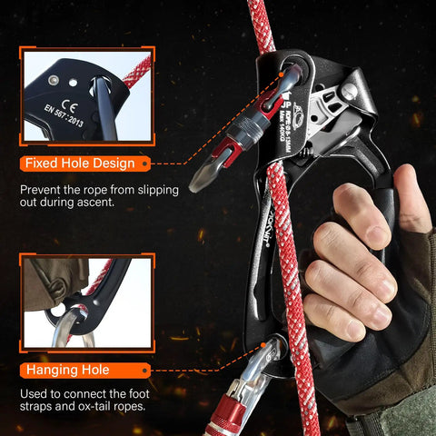 UIAA CE Certified Rope Ascender Aluminum Alloy Climbing Gear for right-hand use shown with rope in ergonomic grip.
