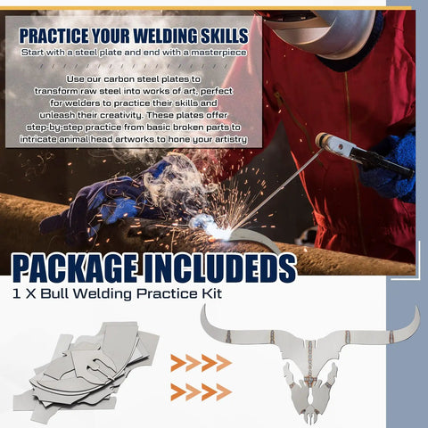 Hands On Welding Practice Kit For Beginners With Pre Cut 201 Carbon Steel Plates To Build A Deer Head Sculpture Ideal For TIG MIG ARC And Stick Welding Training A Great DIY Gift For Welders Enthusiasts kit components and weld art example.