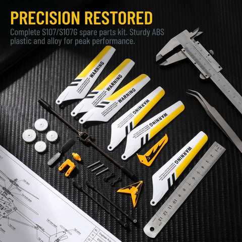 Ultimate Spare Parts Kit for S107 and S107G RC Helicopters in Yellow ABS Plastic and Alloy, durable components displayed.