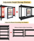 Front view displaying adjustable height of Beefy Heavy Duty Garage Shelving Unit 5 Tier Steel Shelves With 2200 Lbs Capacity.