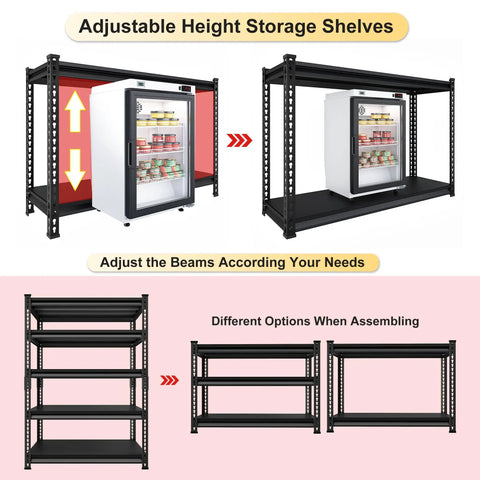 Front view displaying adjustable height of Beefy Heavy Duty Garage Shelving Unit 5 Tier Steel Shelves With 2200 Lbs Capacity.