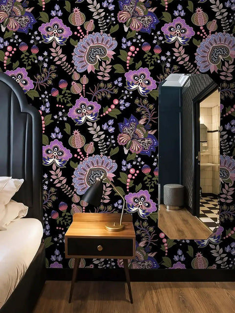 Boho Floral Peel And Stick Removable Wallpaper For Bedroom And Bathroom Renter Friendly Cabinet Decor Contact Paper 17.7 In By 118 In Easy Install Durable Thickened Design featuring floral pattern beside bed and mirror in a stylish bedroom.