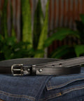Men's Leather Belt 1 Inch Wide For Work Or Casual Dress, Black Durable Leather With Classic Buckle on folded jeans