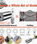 Universal socket wrench with 1/4" to 3/4" adapters, illustrated uses and tool compatibility guide.