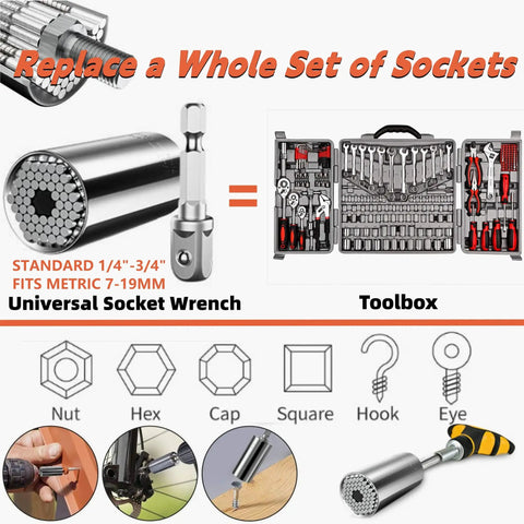 Universal socket wrench with 1/4" to 3/4" adapters, illustrated uses and tool compatibility guide.