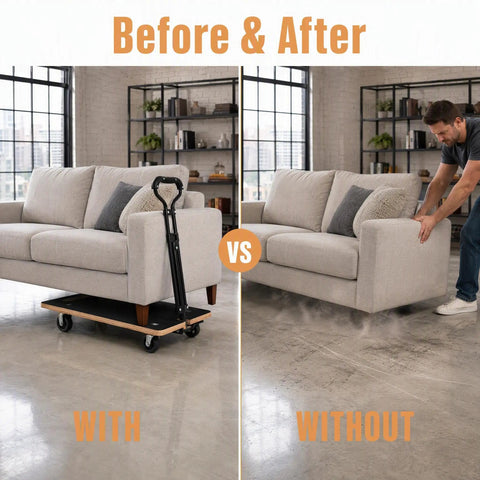 Before and after sofa moving with Beefy 440 Pound Heavy Duty Phenolic Resin Faced Plywood Moving Dolly With Telescopic Handle And 3 Inch PP Wheels For Heavy Appliances, Furniture, Pianos, And Large Loads, Durable, Stable, Easy Glide