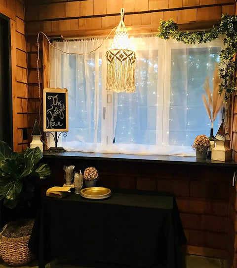 Boho Plug In Pendant Light With Macrame Shade And Hemp Rope Cord Dimmable Switch From 10 To 100 Percent Brightness in window area
