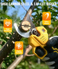 Close-up of Cordless Electric Pruning Shears With Brushless Motor And Dual Batteries cutting 1.6 inch branch, showcasing high carbon steel blade.