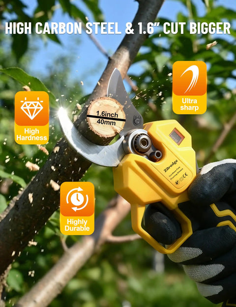 Close-up of Cordless Electric Pruning Shears With Brushless Motor And Dual Batteries cutting 1.6 inch branch, showcasing high carbon steel blade.