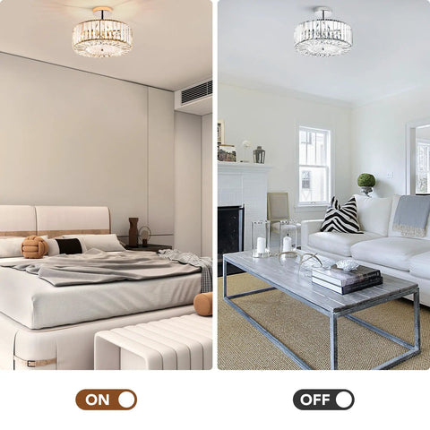 Modern Crystal Flush Mount Ceiling Light Fixture Dope With 12 Inch Round Crystal Shade in bedroom and living room settings