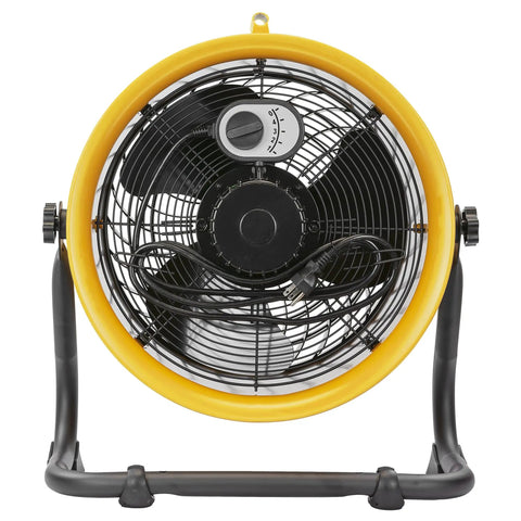 Front view of Industrial Grade 14 Inch High Velocity Drum Fan, yellow, with four speed settings and 360 degree adjustable head