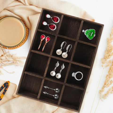 Vintage Rustic Wooden Jewelry Tray 12 Compartment Ring Earring Storage Holder With Solid Wood Build For Bedroom Dresser