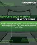 10x10x10 Golf Net Cage With Target For Indoor And Outdoor Practice setup shown with complementary golf equipment
