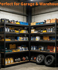 Rock Solid Five Tier Heavy Duty Storage Rack With Thick Mdf Boards And Customizable Spacing For Garage Warehouse And Pantry offers organized tool storage.