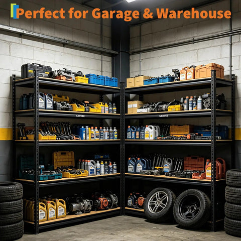 Rock Solid Five Tier Heavy Duty Storage Rack With Thick Mdf Boards And Customizable Spacing For Garage Warehouse And Pantry offers organized tool storage.