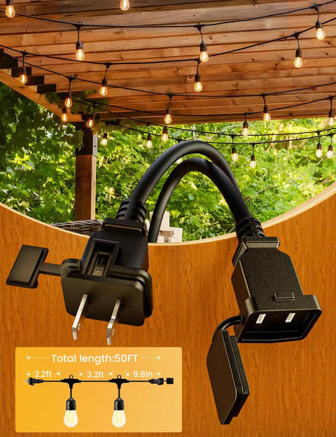 Outdoor LED String Lights 50Ft With 16 Shatterproof S14 Bulbs hanging on wooden pergola, close-up of power plug and connector.