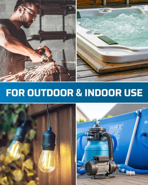 3 Ft Automatic GFCI Outdoor Extension Cord 12 Gauge 3 Conductor Heavy Duty Power Cable With LED Lighted 3 Prong Plug Yellow UL Listed For Lawn Gear And Power Tools. "Outdoor and indoor use" tagline with images of worker with angle grinder, hot tub, string lights, and pool pump.