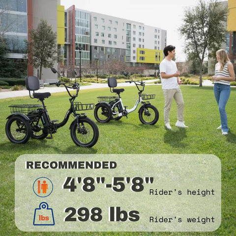 Fat Tire Folding Electric Tricycle For Adults With Large Basket Three Wheels Step Thru E Trike 700W 1100W Peak Removable Battery UL2849 Safe Battery Green Premium Model on grass with riders