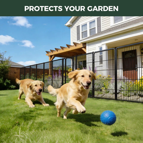 Heavy Duty Outdoor Garden Fence For The Yard, 40 Inch High By 36.2 Foot Long Metal Animal Barrier For Dogs, shown in garden