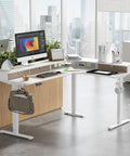 L Shaped Electric Standing Desk With Killer Storage Drawers, Reversible Tabletop For A Legit Home Office Or Gaming Setup, 63x48 Inch Large Workspace, Dual Memory Presets, Smooth Glide Motor, Fresh Warm White Finish in modern office setting with desktop accessories.
