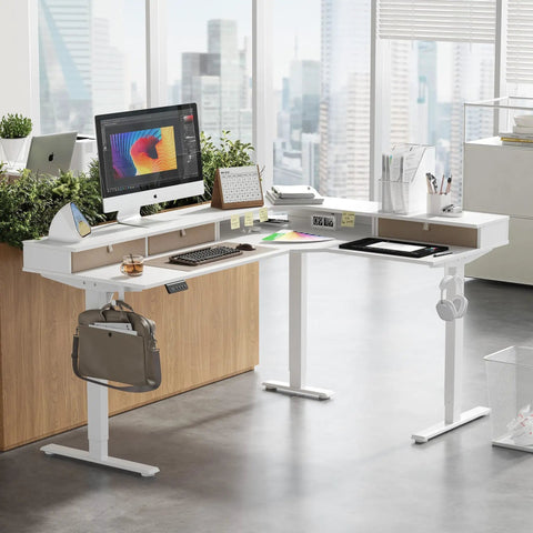 L Shaped Electric Standing Desk With Killer Storage Drawers, Reversible Tabletop For A Legit Home Office Or Gaming Setup, 63x48 Inch Large Workspace, Dual Memory Presets, Smooth Glide Motor, Fresh Warm White Finish in modern office setting with desktop accessories.