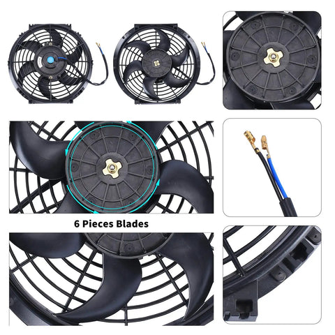 10 Inch Universal Slim Push Pull Radiator Cooling Fan Kit For 12V Engines, High Performance 80W, details of fan blades and wires