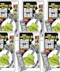 Yellow Super Mini Buff Ball for Drills, 2 Inch, 6 Pack shown in packaging with Flitz polish, fits 3/8 inch tools.