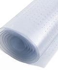 Beefed Up Crosshatch Carpet Runner And Rug Protector Mat That Blocks Spills Quick And Kills Slip Hazards With Waterproof Clear Vinyl Floor Covering For Deep Pile Carpets rolled up showing texture and durability.