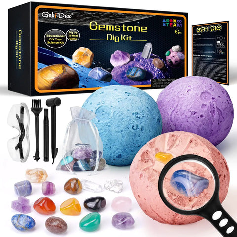 Space Gem Excavation Kit For Kids With Real Gemstones, Solar System STEM Toy For Ages 6 And Up, Archaeology And Geology Science Project Gift, Includes Hammer, Chisel, Brush, Goggles And Magnifier