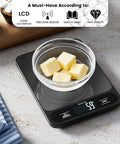 Ultra Thin Food Scale With 22 Pound Capacity And One Gram Precision For Baking And Cooking Six Measurement Units Clear LCD Display Easy To Clean Batteries Included Chef Grade Precision For Weight Loss And Meal Prep with butter cubes in glass bowl