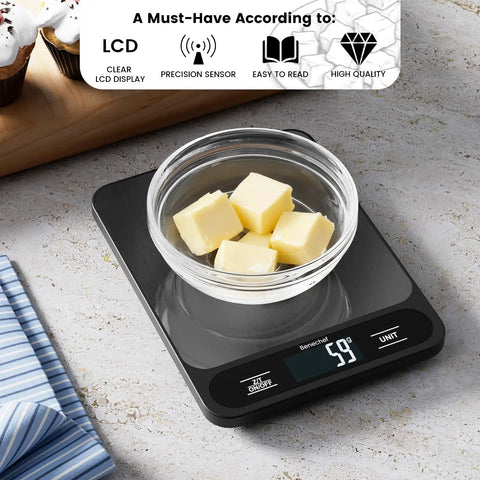 Ultra Thin Food Scale With 22 Pound Capacity And One Gram Precision For Baking And Cooking Six Measurement Units Clear LCD Display Easy To Clean Batteries Included Chef Grade Precision For Weight Loss And Meal Prep with butter cubes in glass bowl