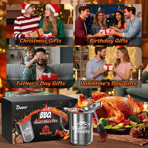 All In One BBQ Basting Brush And Sauce Cup Set For Grilling with gift box and turkey in festive setting